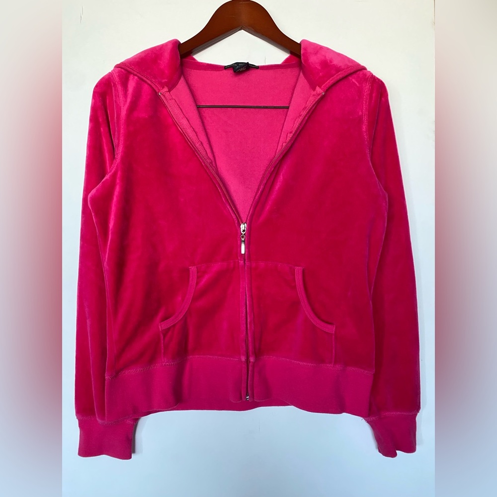 Zenana Y2K Women's Hot Pink Sweater W Hood & Full Zip Cotton Blend Size M - E3